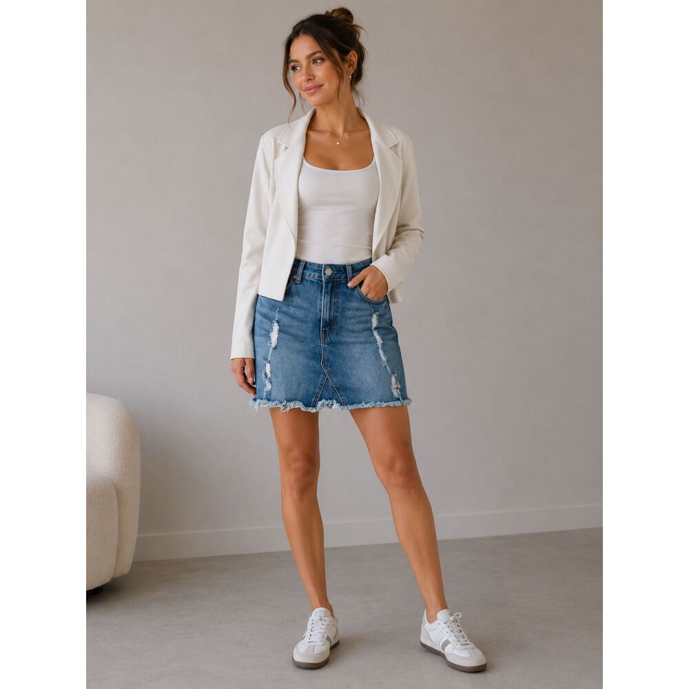 Esmara High Waist Distressed Denim Skirt Size 4 Blue Frayed Hem Stretch Skirt
